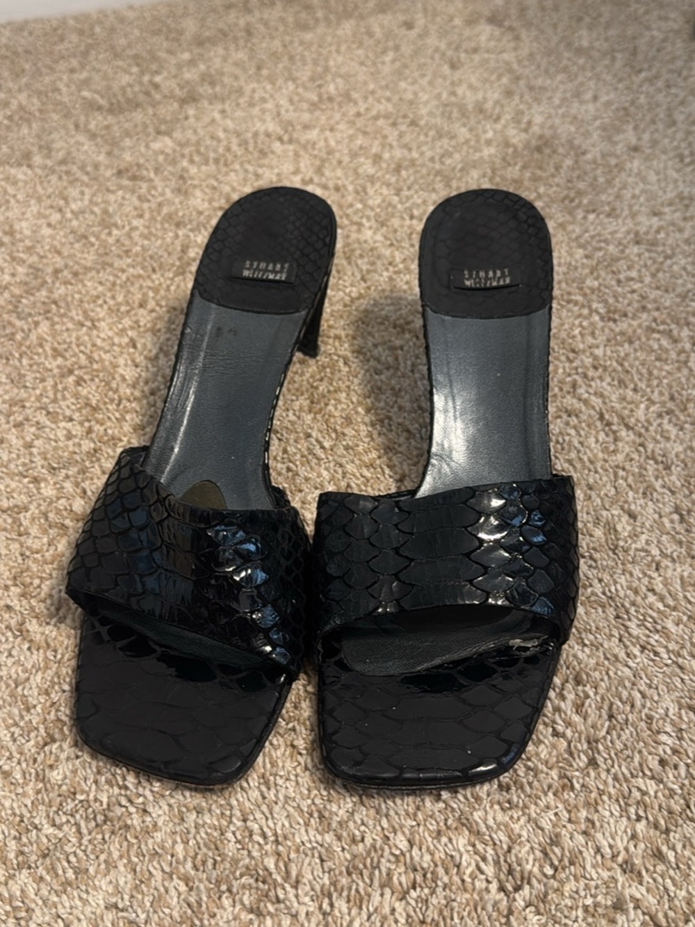Stuart Weitzman Black Snake-Embossed Slide Mules